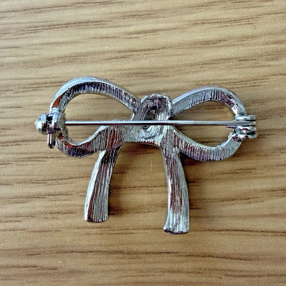 Vintage Rhinestone Bow Brooch Silver Tone Ribbon Pin 1.5” Repair Craft